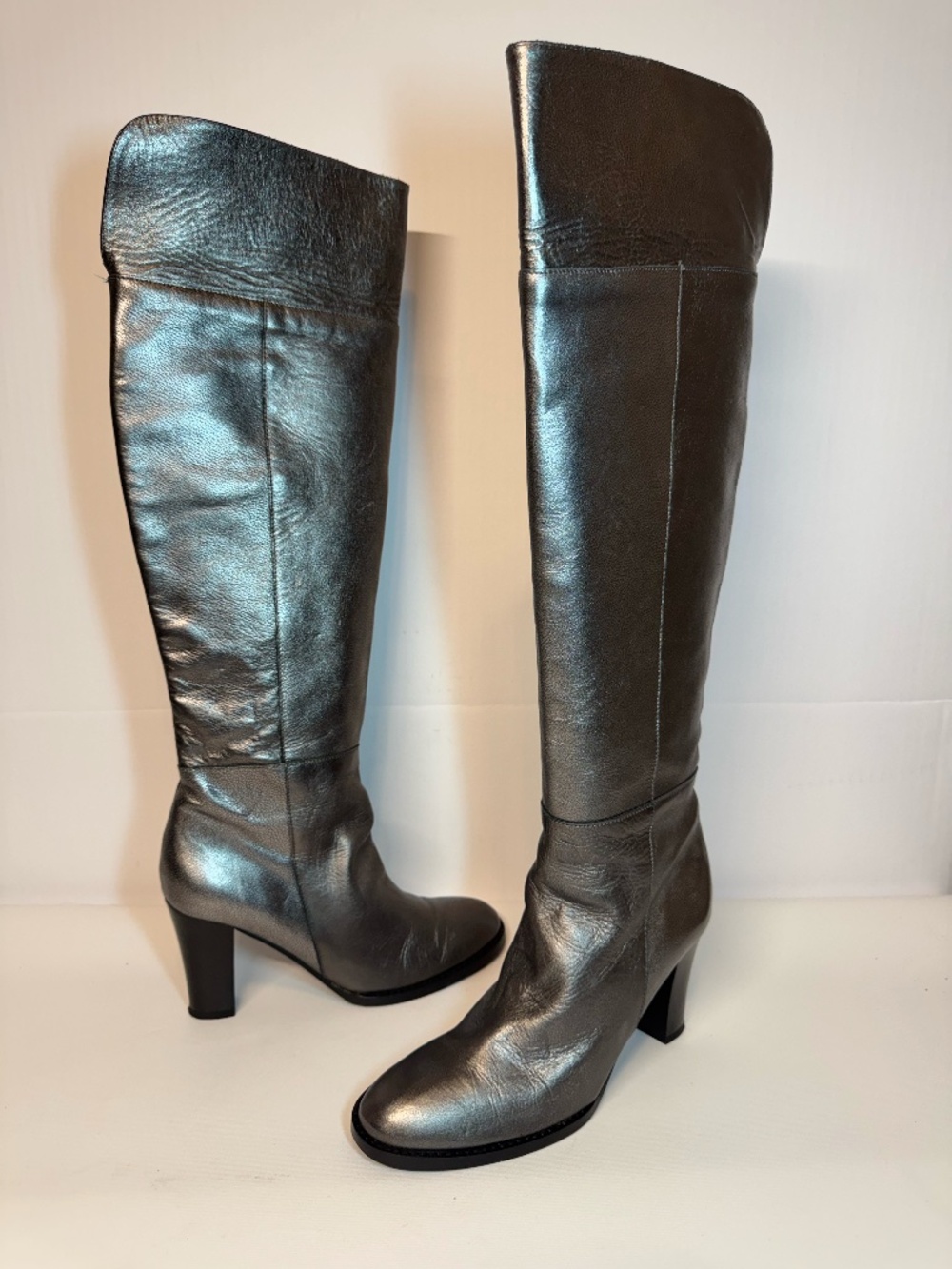 Max de Carlo Metallic Pewter Leather Tall Knee High Boots Italian 6.5